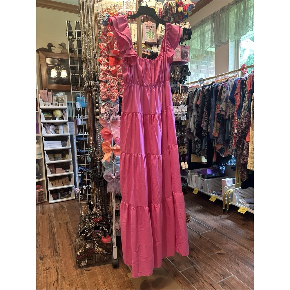 Free The Roses Maxi Dress Size M Pink Ruffle Sleeves Tiered Lined Zip Closure